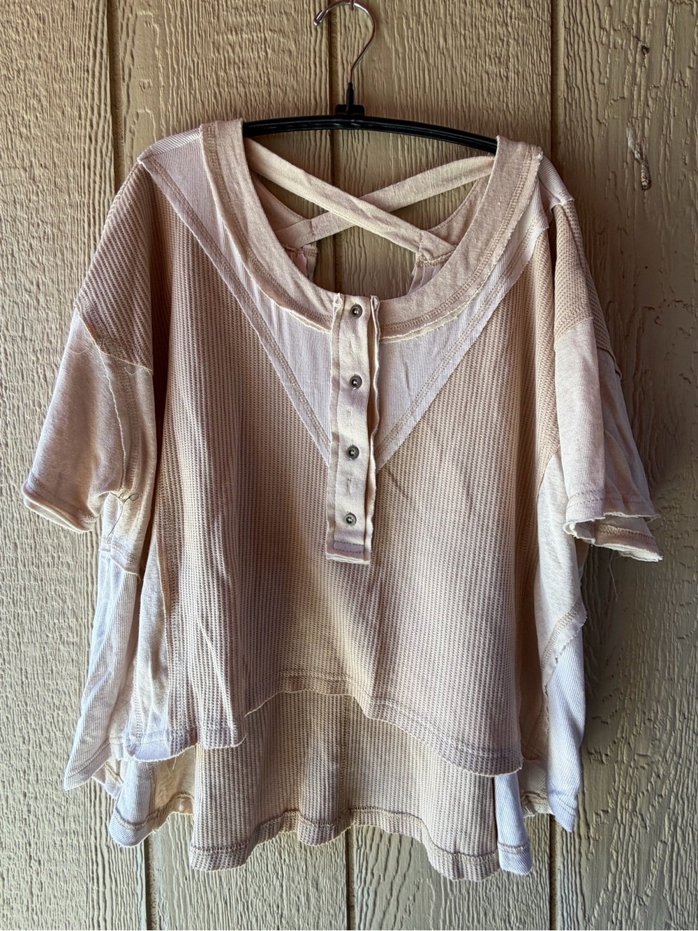 POL Waffle Knit Crisscross Back Short Sleeve Top - Beige